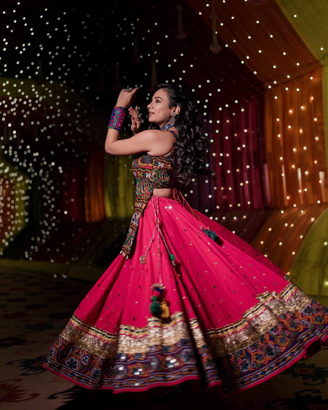 Radiant Pink Mirrorwork Gamthi Glow Navratri Lehanga Choli Set