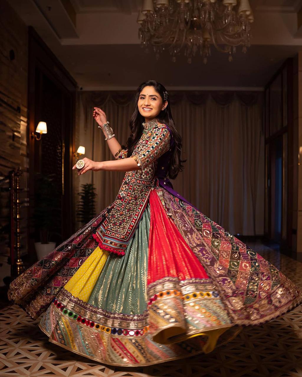 Graceful Spin in Vibrant Patchwork Elegance Navratri Lehanga Choli Set