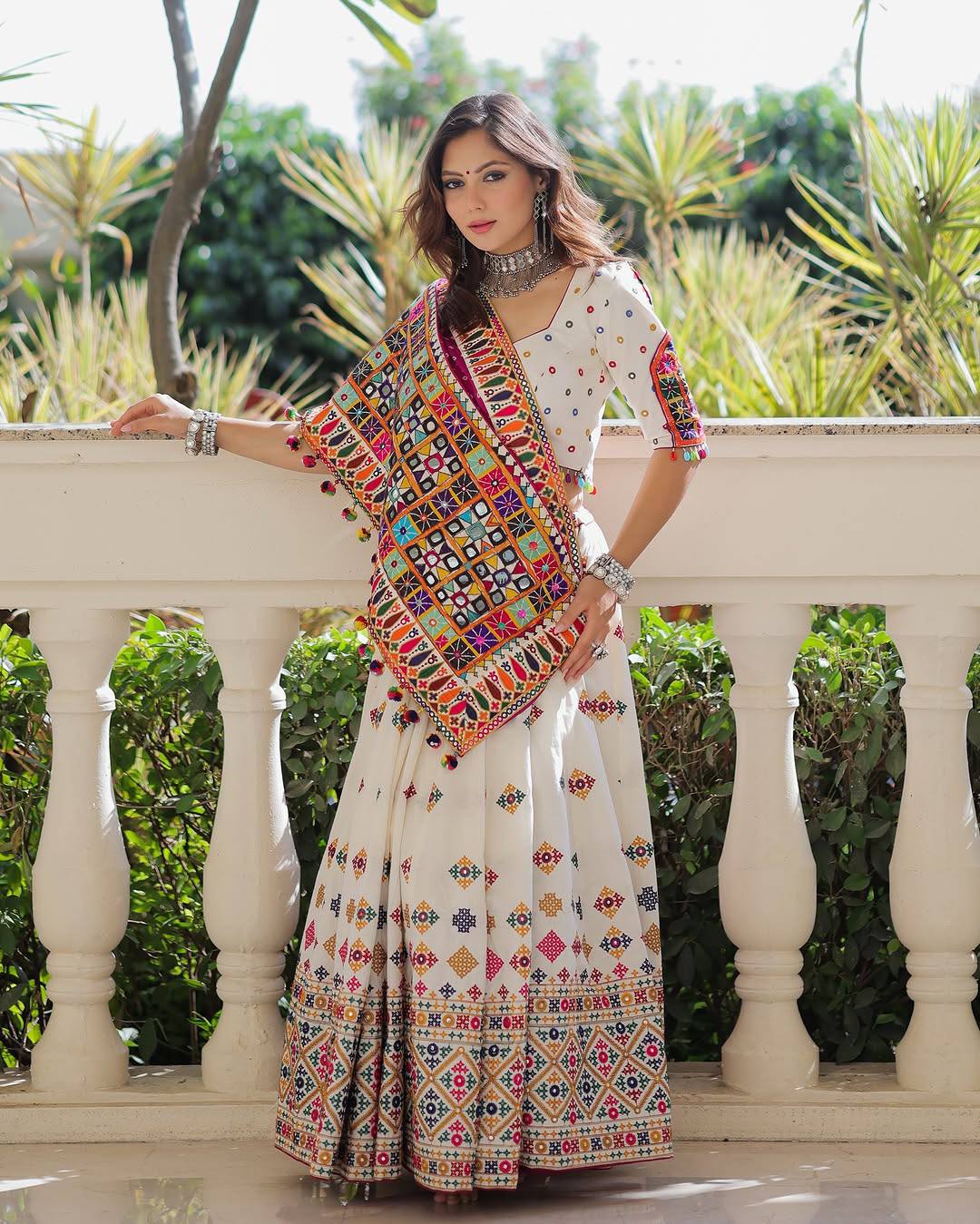 Dandiya Dreamweaver Mirror Embroidered Ivory Lehenga Set