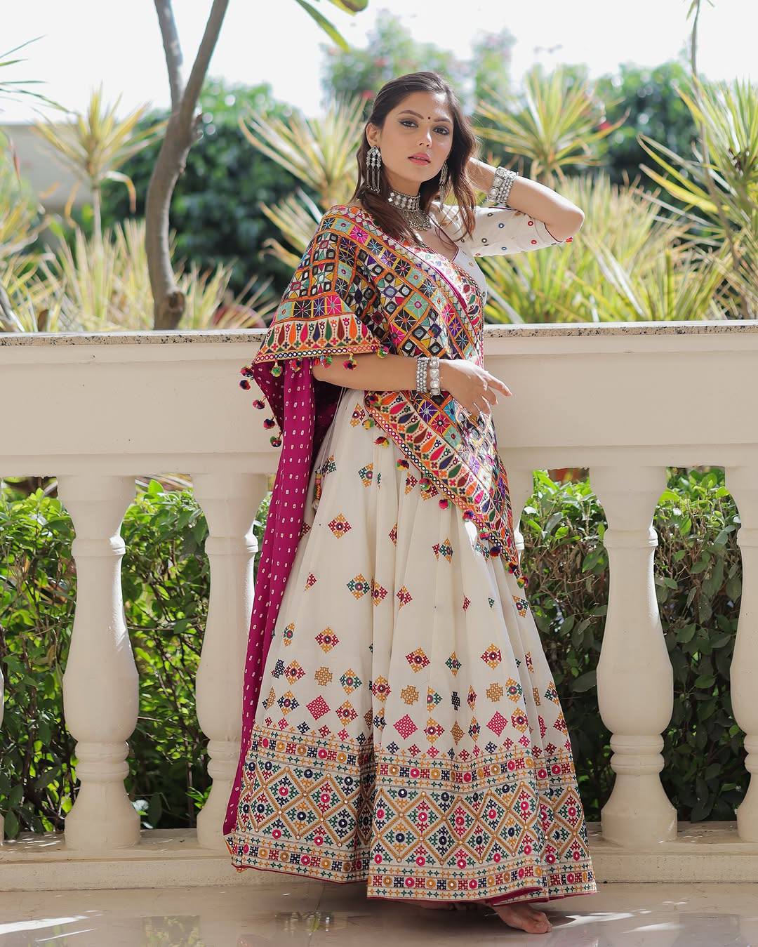 Dandiya Dreamweaver Mirror Embroidered Ivory Lehenga Set