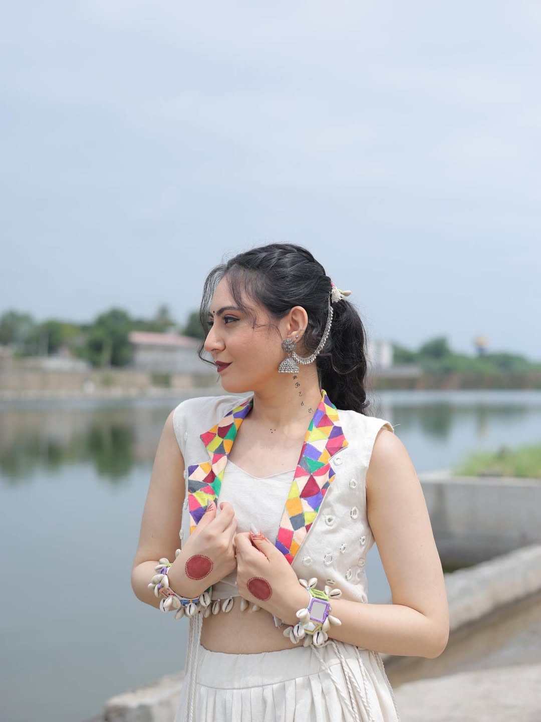 Handcrafted White Tiered Chaniya Choli with Mirror & Kodi Work and Jacket