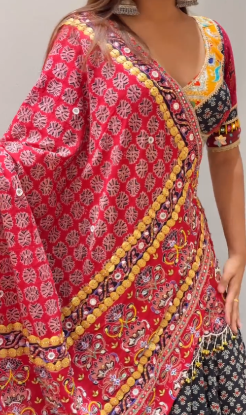 Traditional Orange Bandhej Chaniya Choli with Ajrakh Dupatta