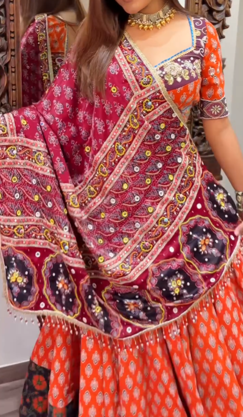 Traditional Orange Bandhej Chaniya Choli with Ajrakh Dupatta