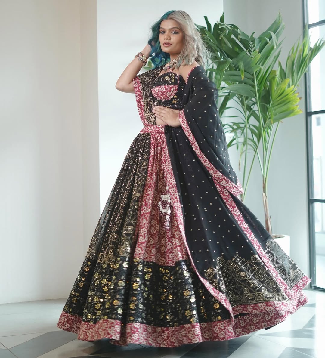 Pink & Black Foil Print Lehenga