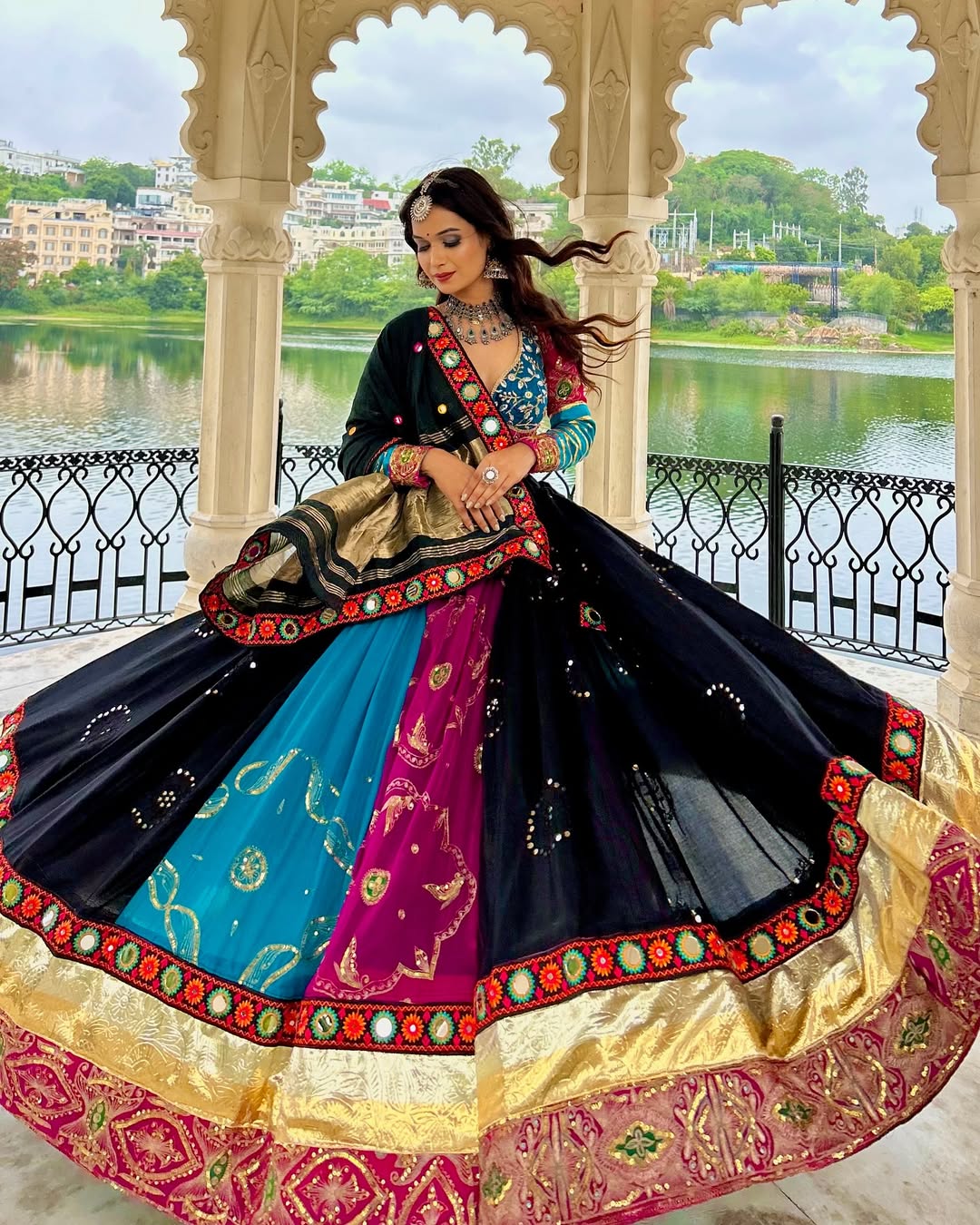 Blue, Black & Magenta Panel Garba Lehenga