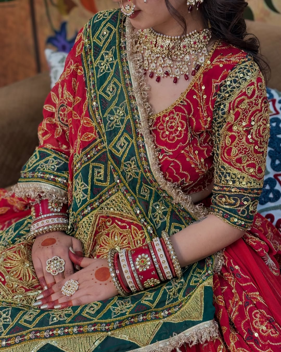 Bridal Red Lehenga with Green Dupatta