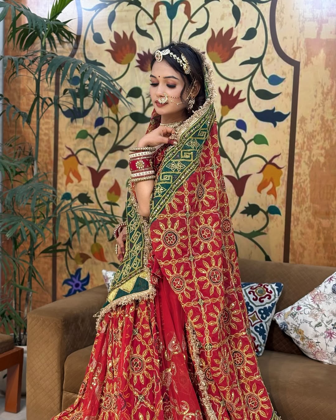 Bridal Red Lehenga with Green Dupatta