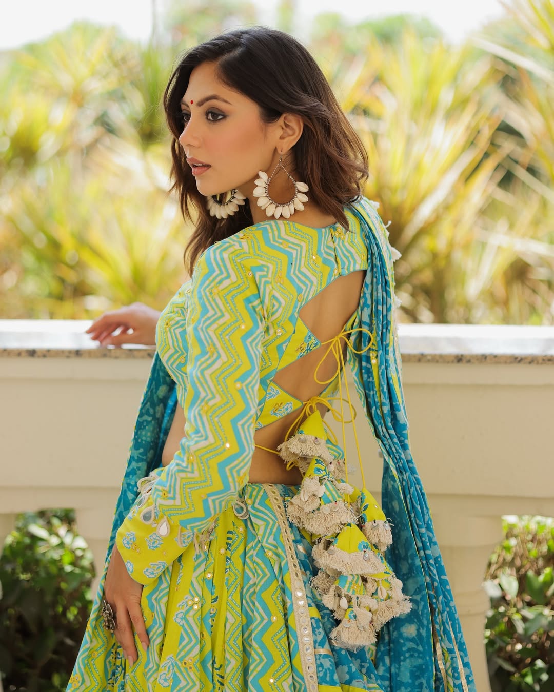 Lime Green & Sky Blue Block Print Lehenga with Golden Border