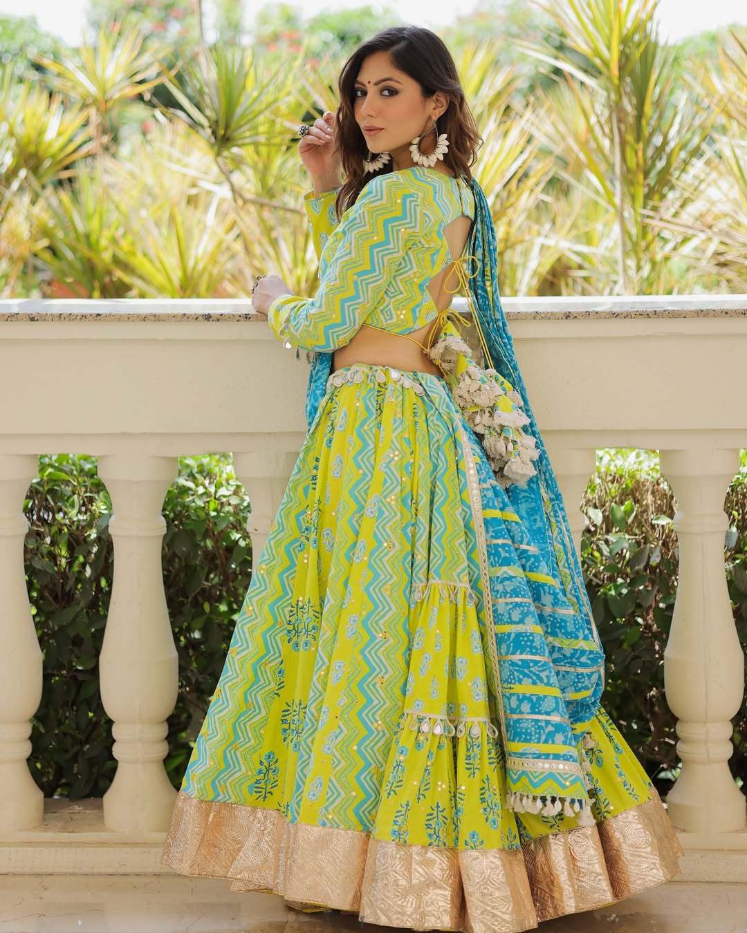 Lime Green & Sky Blue Block Print Lehenga with Golden Border