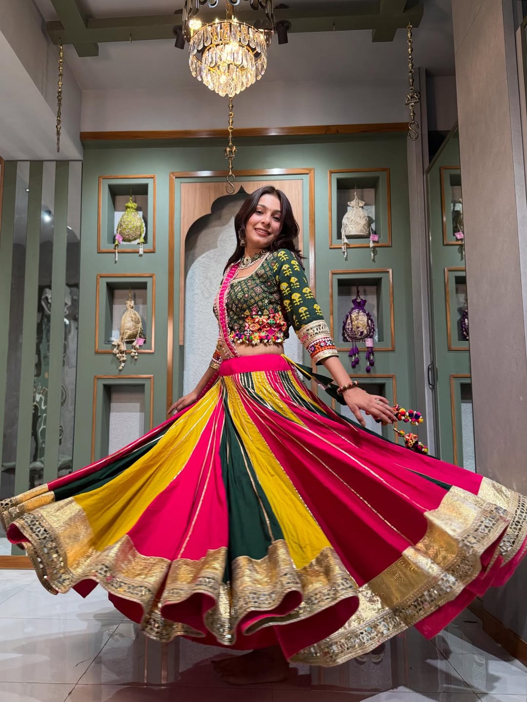 Vibrant Rani and Yellow Fusion Lehenga