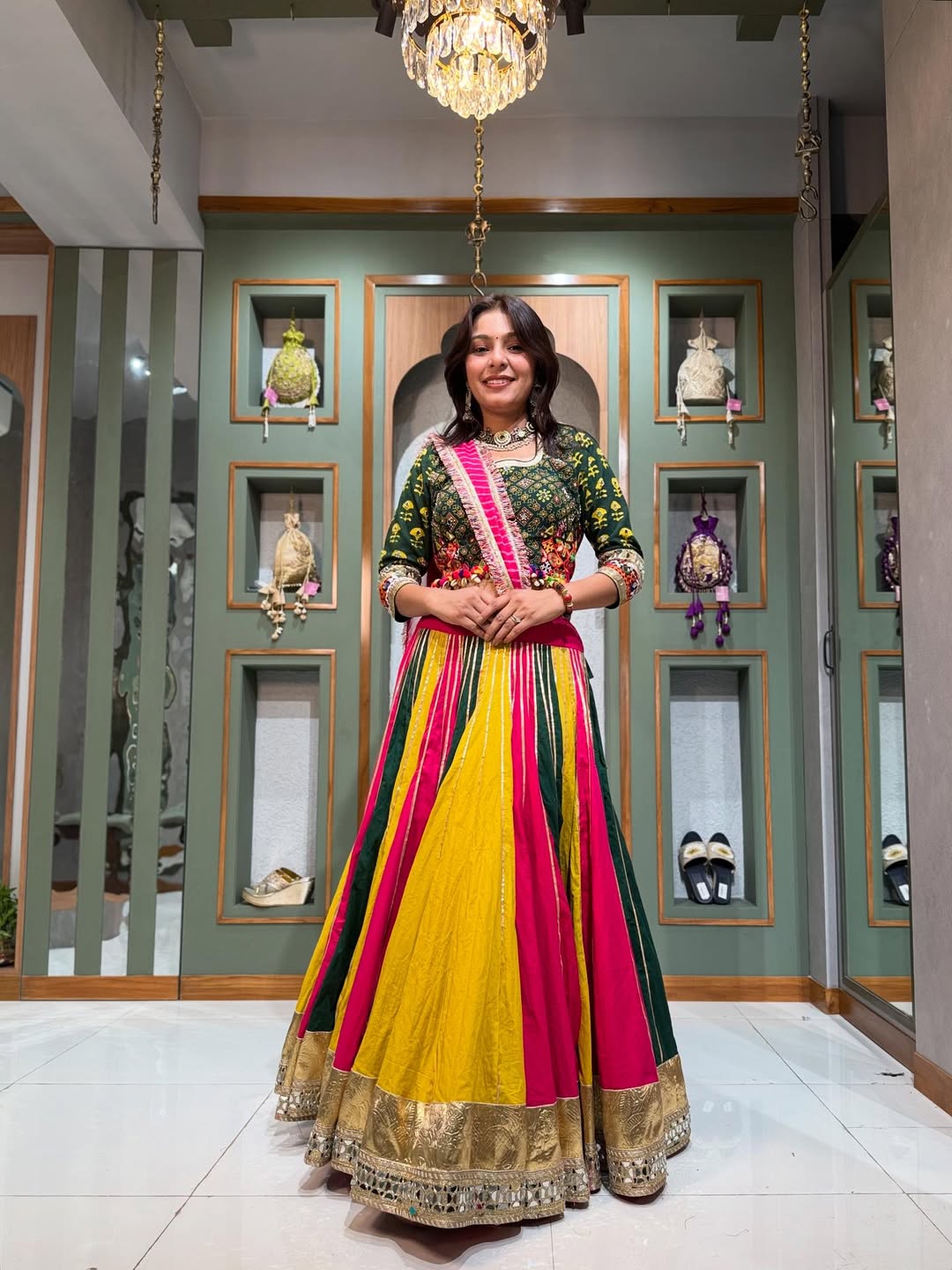 Vibrant Rani and Yellow Fusion Lehenga