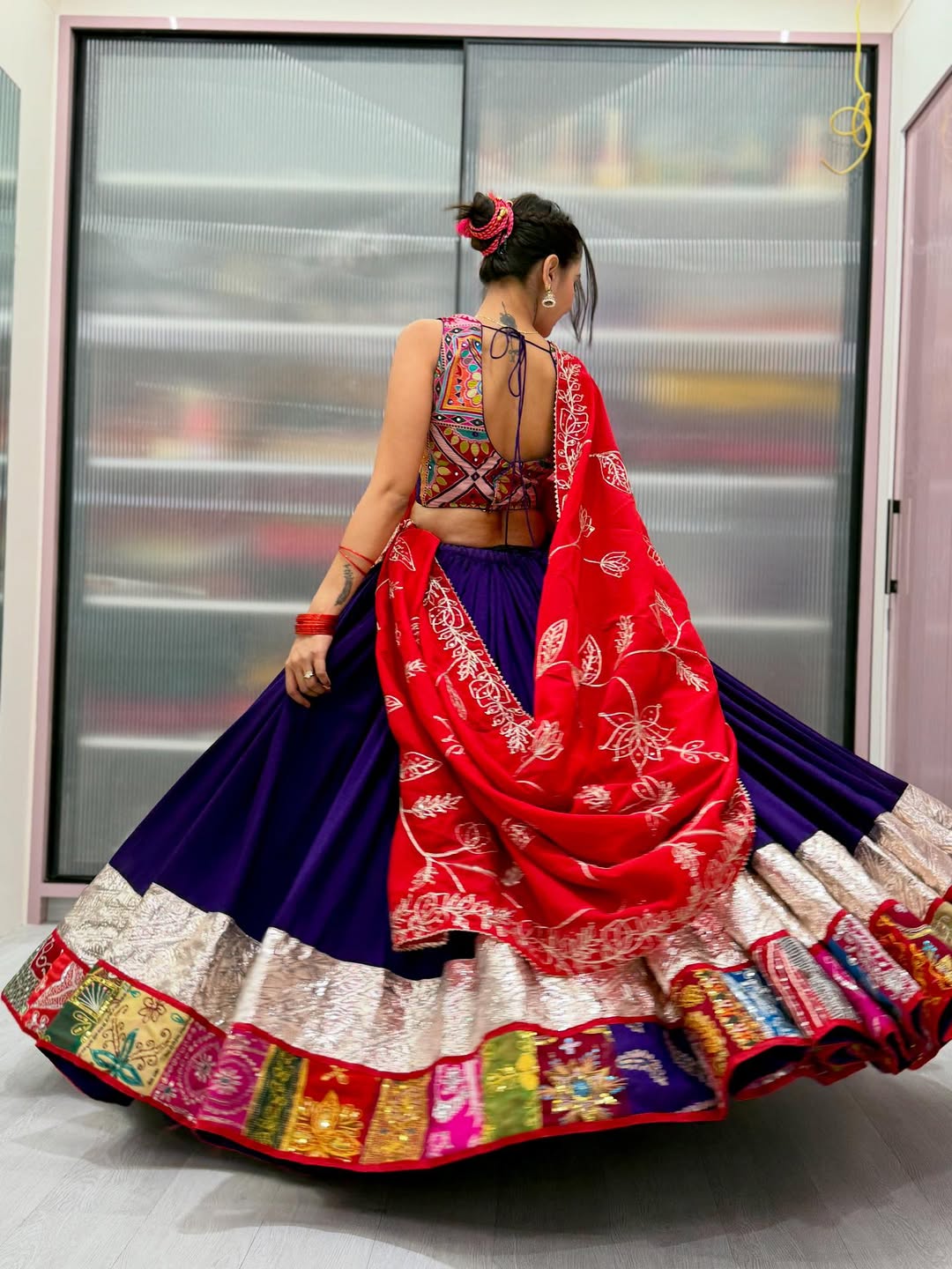 Purple Lehenga with Red Dupatta