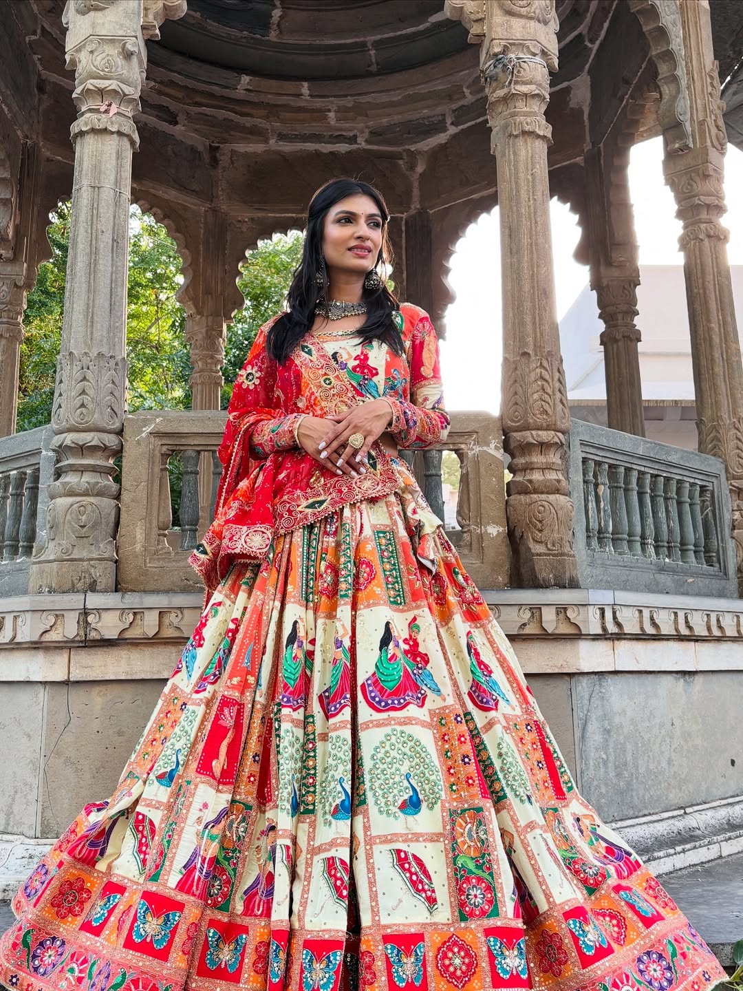 Cream-Red Patchwork Lehenga