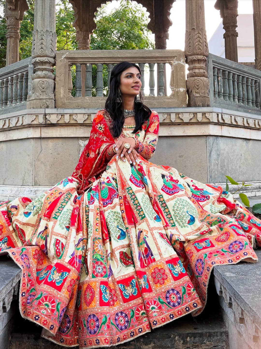 Cream-Red Patchwork Lehenga