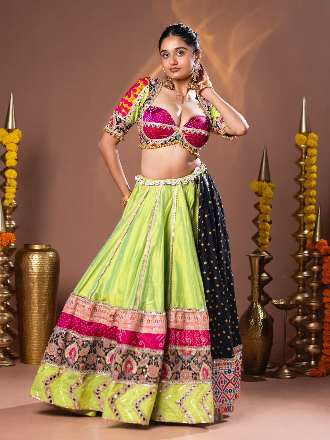 Lime Glow Elegance Patchwork Navratri Lehenga