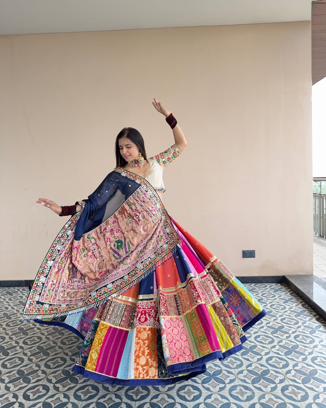 Multi-color patchwork with blue dupatta Lehenga