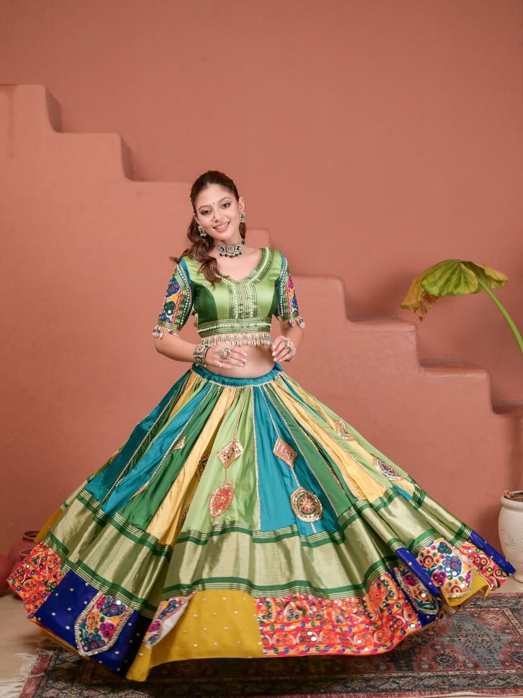 Emerald Elegance Green & Yellow Gamthi Embroidered Lehenga Choli