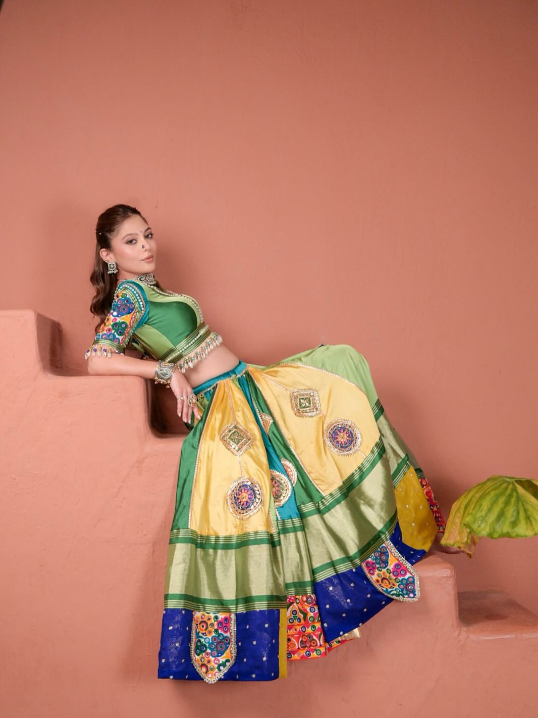 Emerald Elegance Green & Yellow Gamthi Embroidered Lehenga Choli