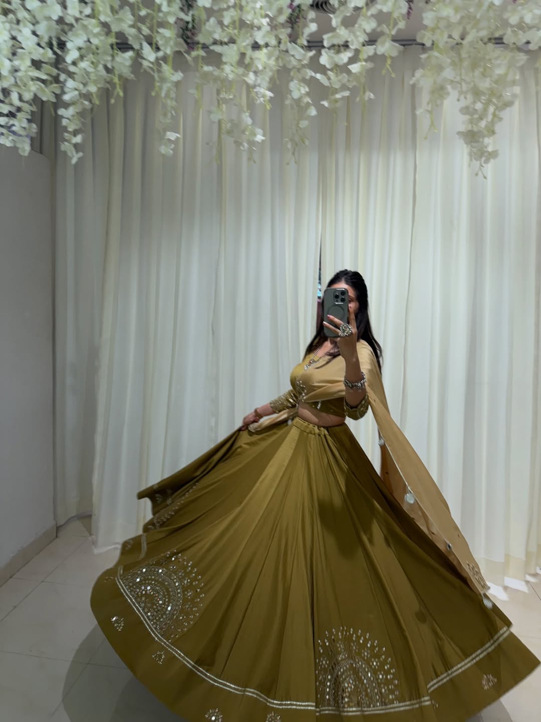 Olive Green Embroidered Lehenga