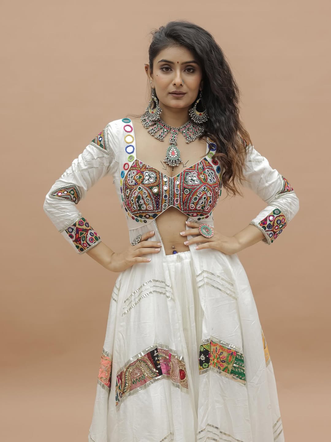 White Mirror Embroidered Koti Style Lehenga Choli with Full Flair