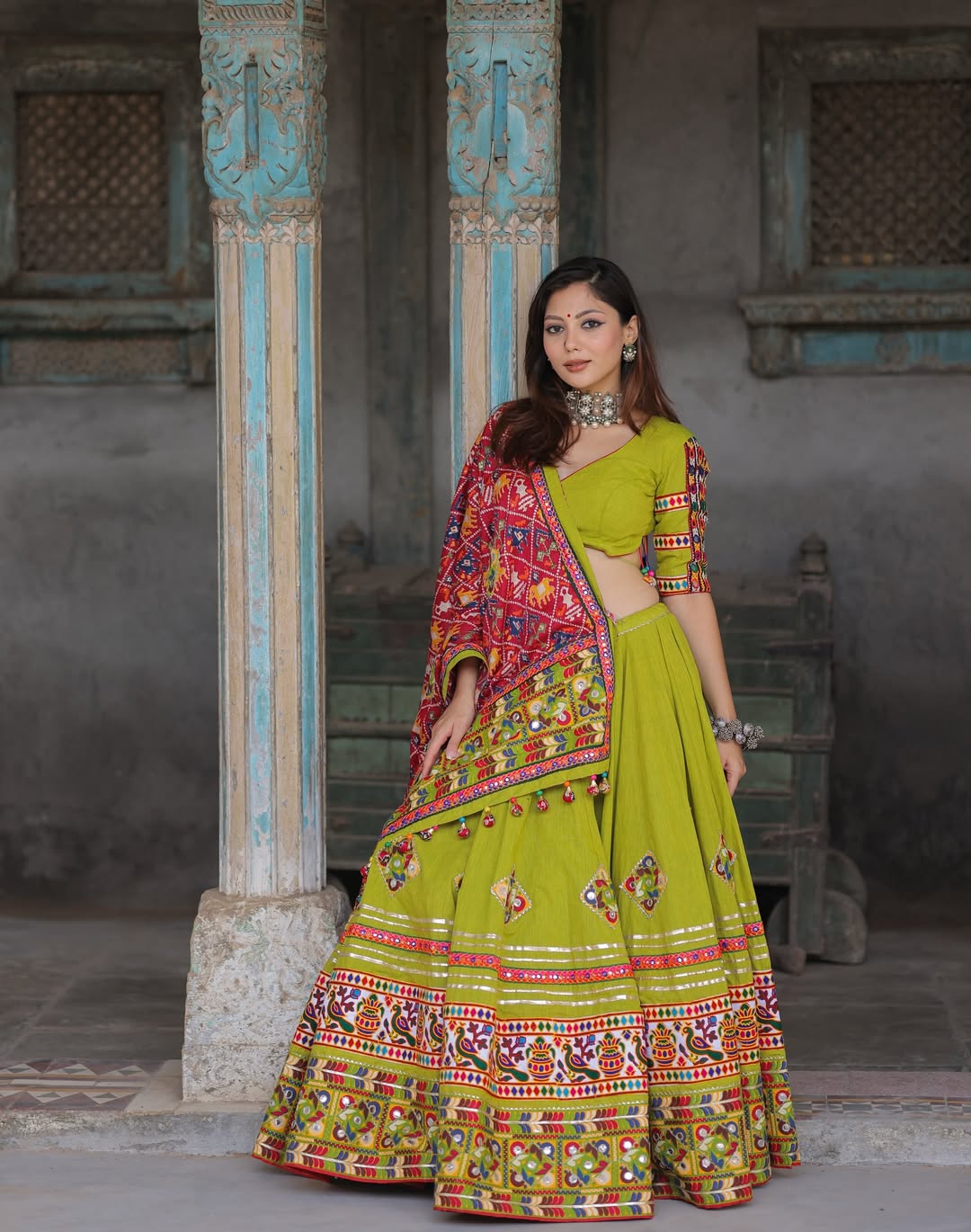 Lime Glow Mirror Embroidered Garba Lehenga Se