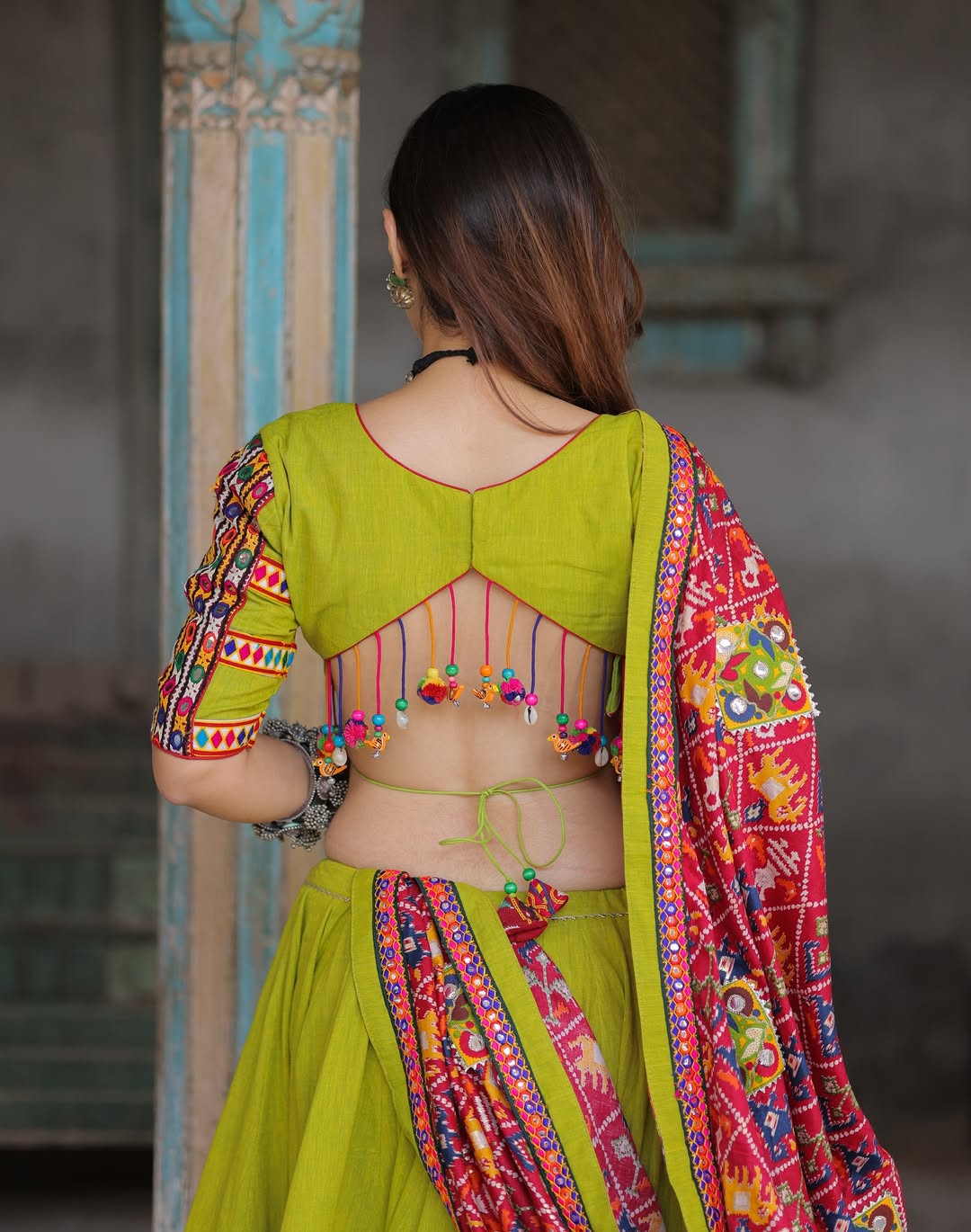 Lime Glow Mirror Embroidered Garba Lehenga Se