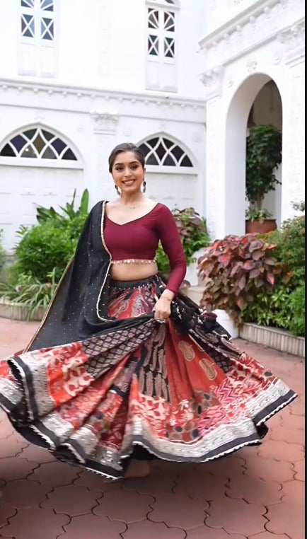 Elegant Maroon & Black Fusion Rayon Lehenga Set