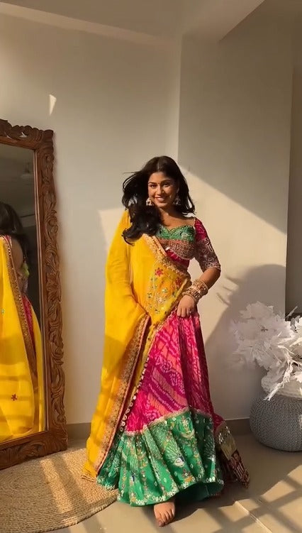 Pink & Green Lehenga with Yellow Dupatta