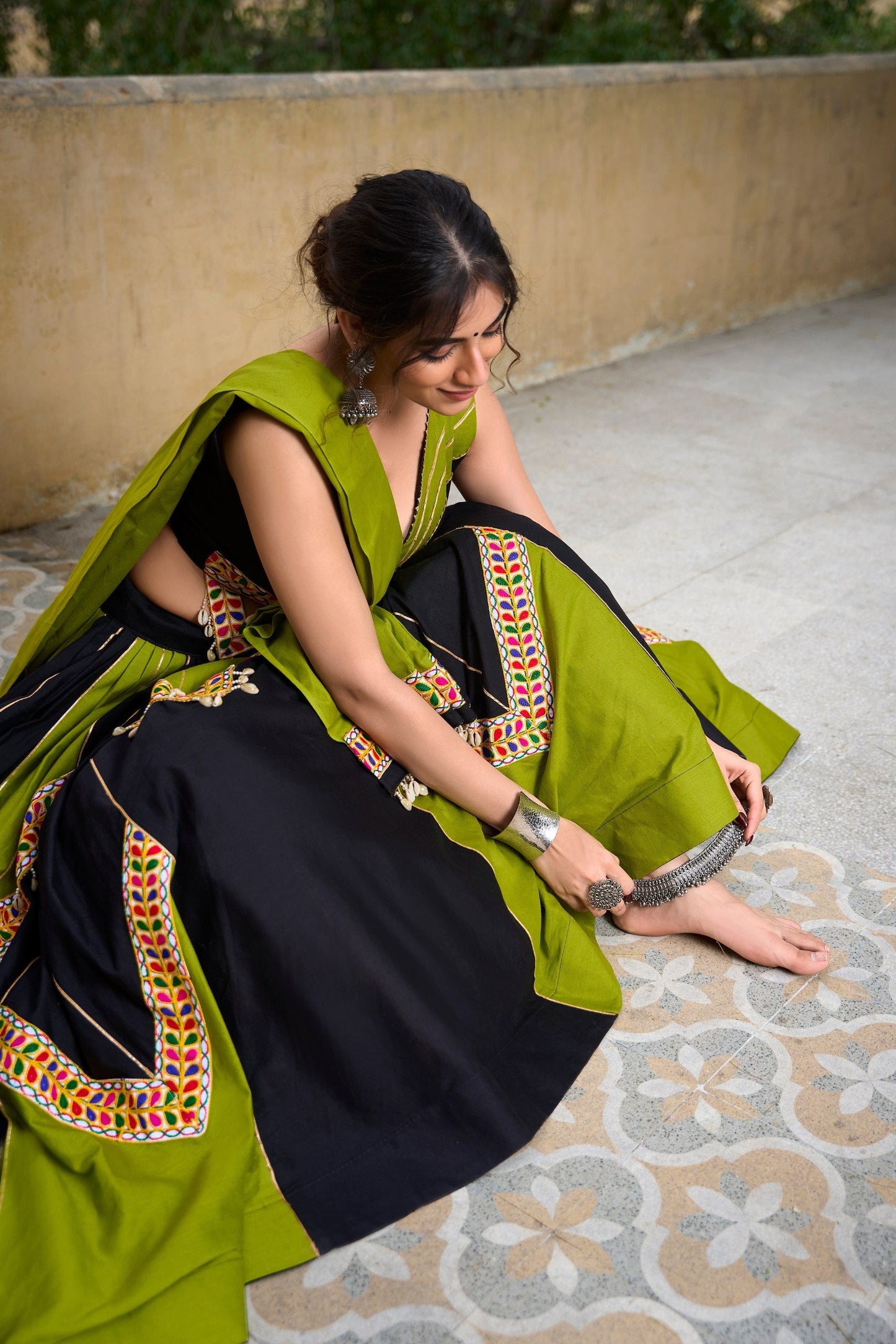 Festive Boldness Ethnic Lehenga Set in Olive Green & Onyx Black