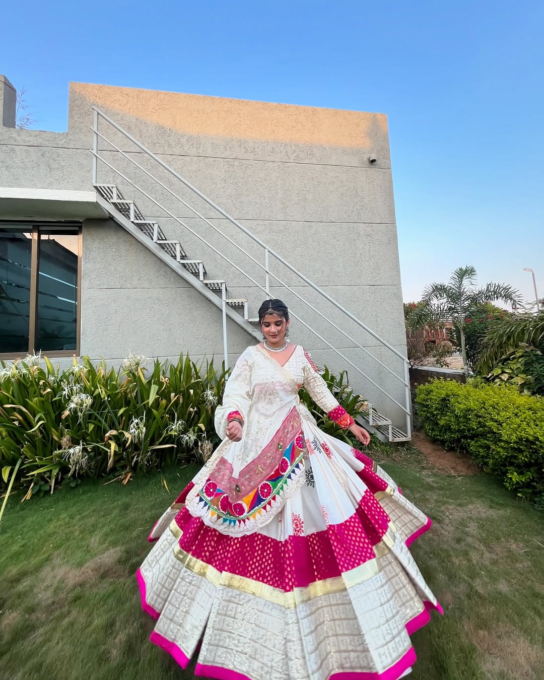 Royal White & Pink Navratri Lehenga Mirror Work Magic Festive Garba Outfit
