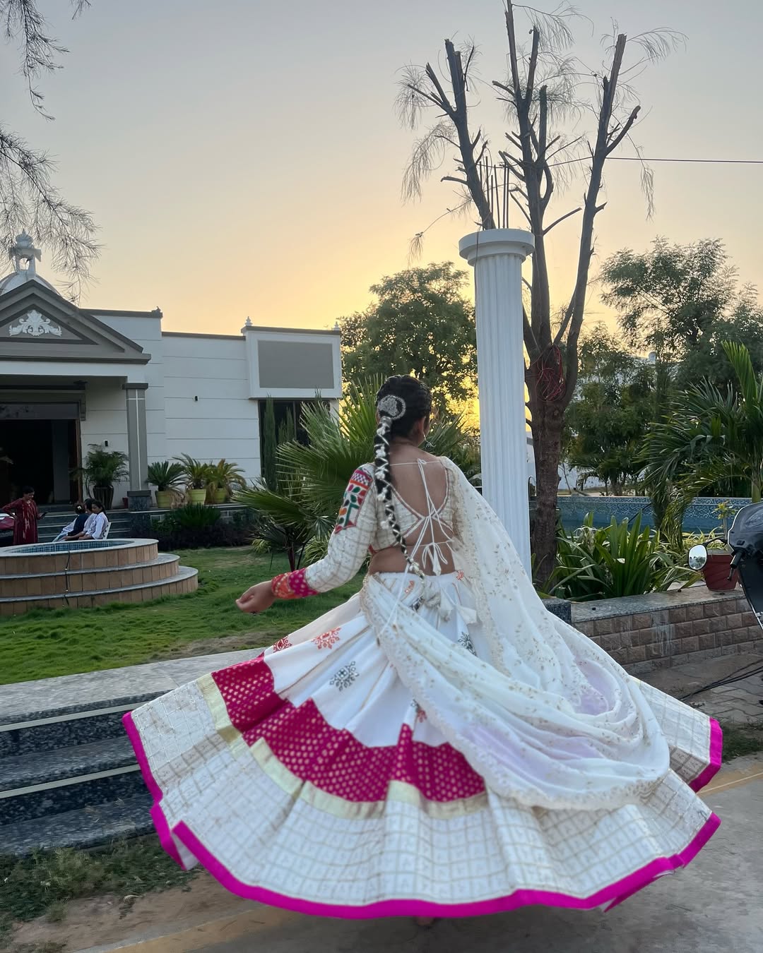 Royal White & Pink Navratri Lehenga Mirror Work Magic Festive Garba Outfit
