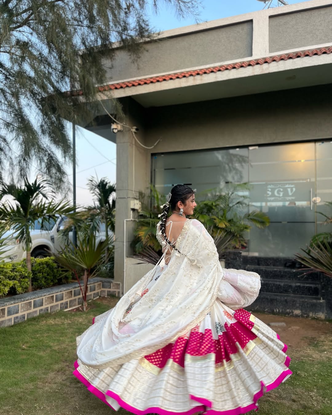 Royal White & Pink Navratri Lehenga Mirror Work Magic Festive Garba Outfit