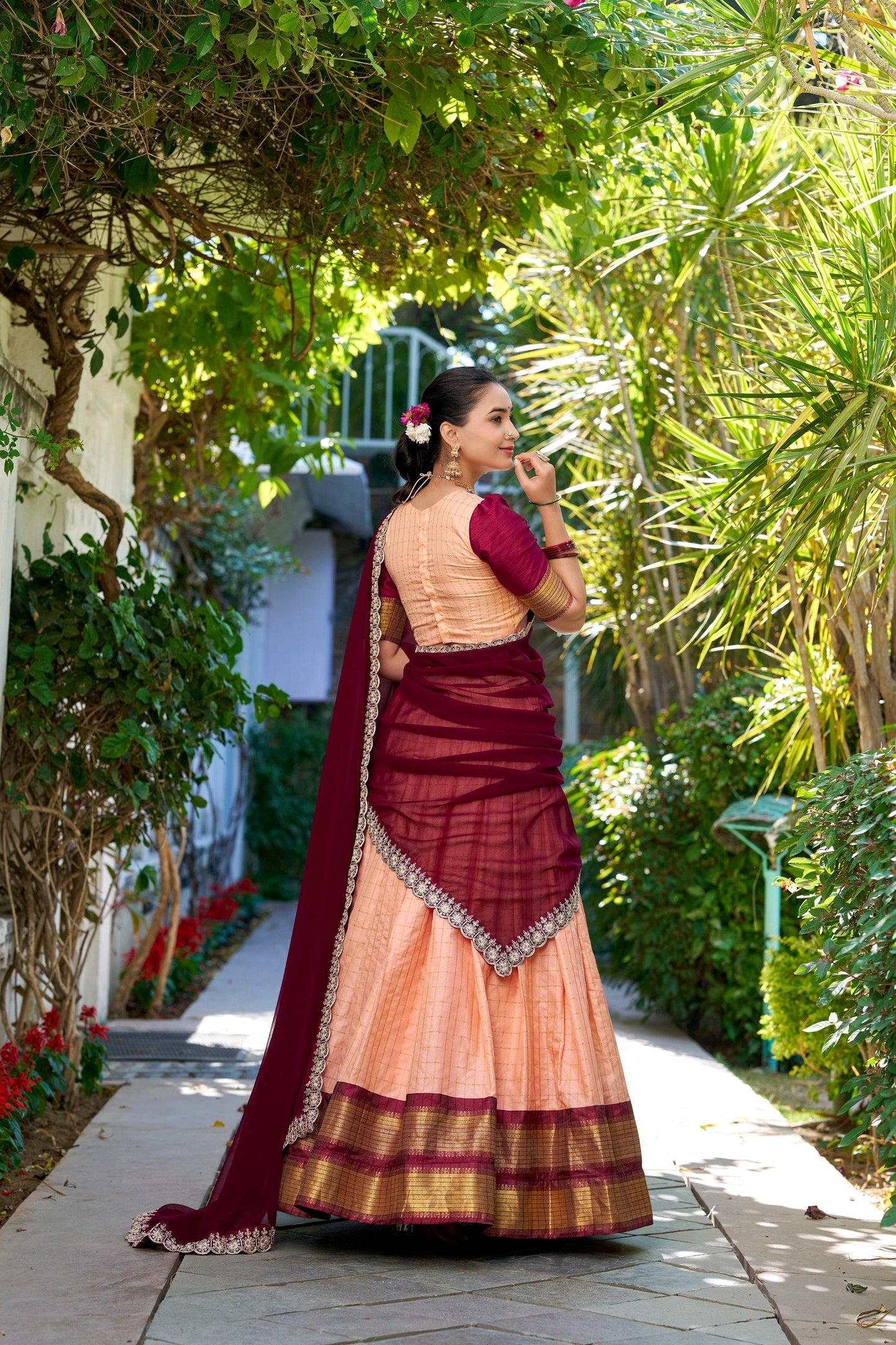 Peach Royale & Navy Lime Gold Zari Embroidered Lehenga Choli