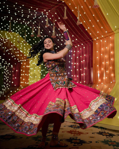 Radiant Pink Mirrorwork Gamthi Glow Navratri Lehanga Choli Set