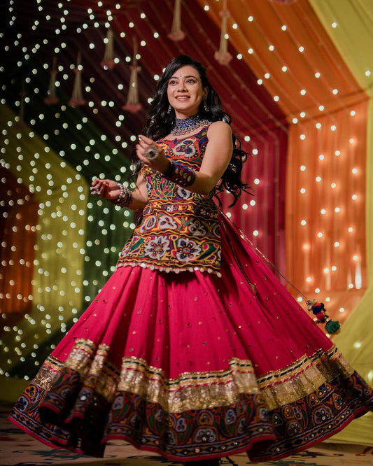 Radiant Pink Mirrorwork Gamthi Glow Navratri Lehanga Choli Set