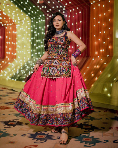 Radiant Pink Mirrorwork Gamthi Glow Navratri Lehanga Choli Set