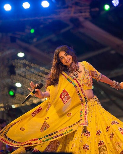 Golden Glow of Garba Nights With Twirling in Tradition & Elegance  Lehanga Choli Set