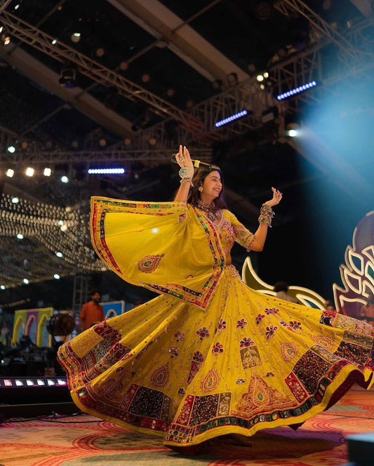 Golden Glow of Garba Nights With Twirling in Tradition & Elegance  Lehanga Choli Set