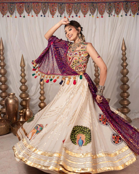Regal Gujarati Mirror Work Navratri Lehenga Choli with Vibrant Embroidery & Peacock Motifs