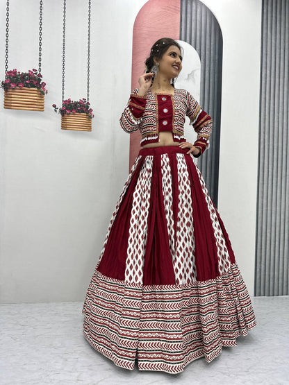 Raas Nikhaar Maroon & White Printed Navratri Lehenga Set