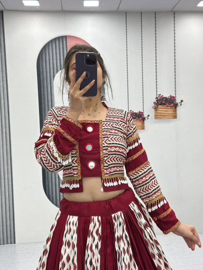 Raas Nikhaar Maroon & White Printed Navratri Lehenga Set