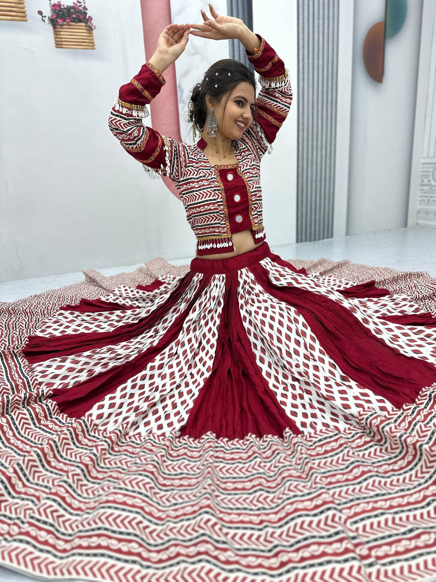Raas Nikhaar Maroon & White Printed Navratri Lehenga Set
