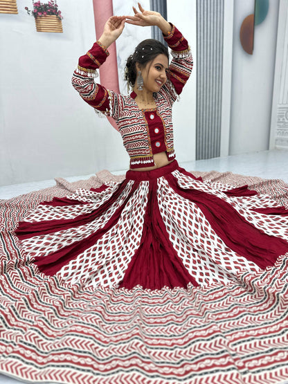 Raas Nikhaar Maroon & White Printed Navratri Lehenga Set