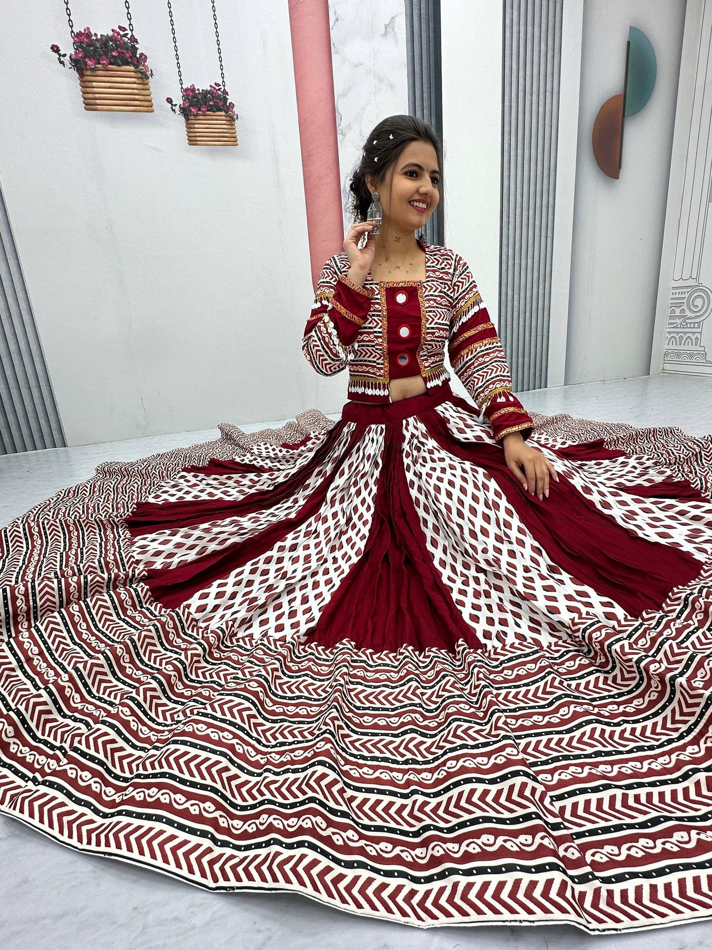 Raas Nikhaar Maroon & White Printed Navratri Lehenga Set