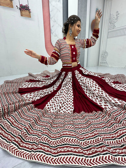 Raas Nikhaar Maroon & White Printed Navratri Lehenga Set