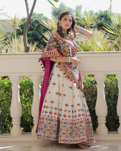 Dandiya Dreamweaver Mirror Embroidered Ivory Lehenga Set