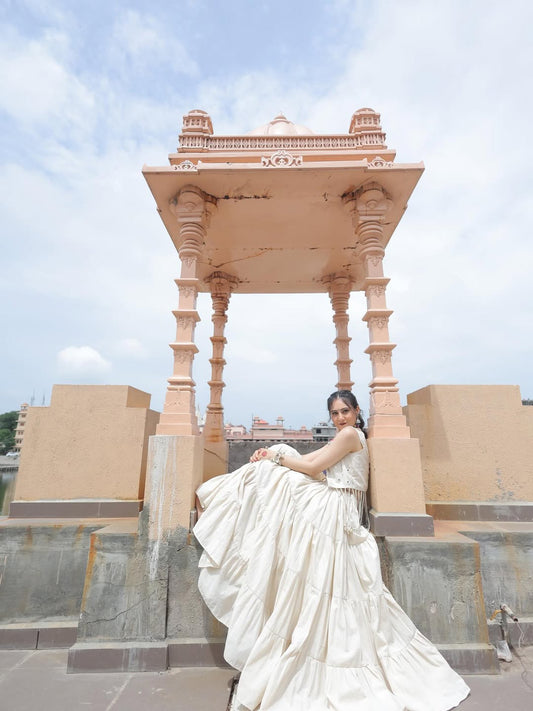 Handcrafted White Tiered Chaniya Choli with Mirror & Kodi Work and Jacket