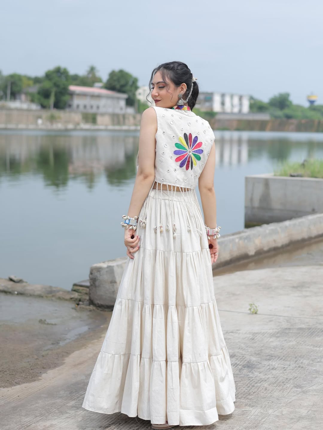 Handcrafted White Tiered Chaniya Choli with Mirror & Kodi Work and Jacket