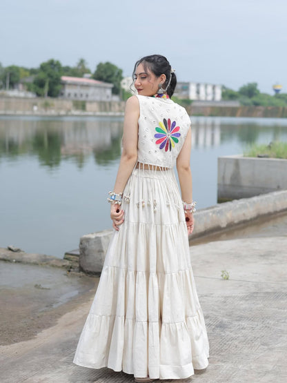 Handcrafted White Tiered Chaniya Choli with Mirror & Kodi Work and Jacket