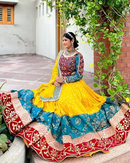 Mehrang Teal Sunset Multicolor Mirror Lehenga Set